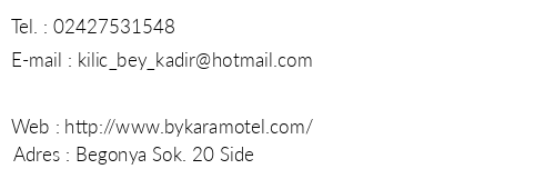 Bykara Motel telefon numaralar, faks, e-mail, posta adresi ve iletiim bilgileri
